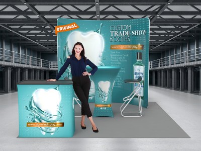 Custom 10x10ft C-Shaped Enclosure & Bar Table & Case to Podium Tension Fabric Trade Show Display Booth Kit 11