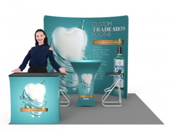 Custom 10x10ft C-Shaped Enclosure & Bar Table & Case to Podium Tension Fabric Trade Show Display Booth Kit 11