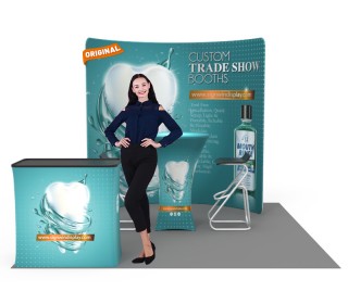 Custom 10x10ft C-Shaped Enclosure & Bar Table & Case to Podium Tension Fabric Trade Show Display Booth Kit 11