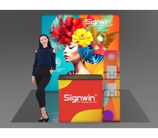 Custom 10x10ft Serpentine Brochure Literature Banner Stand & Case to Podium Brilliant Tension Fabric LED Backlit Trade Show Display Column Booth Kit 26
