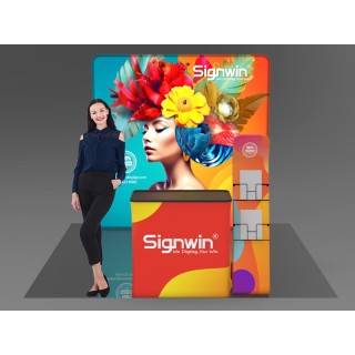 Custom 10x10ft Serpentine Brochure Literature Banner Stand & Podium Brilliant Tension Fabric LED Backlit Trade Show Display Column Booth Kit 26
