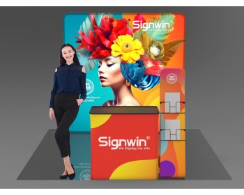 Custom 10x10ft Serpentine Brochure Literature Banner Stand & Case to Podium Brilliant Tension Fabric LED Backlit Trade Show Display Column Booth Kit 26