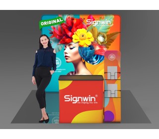 Custom 10x10ft Serpentine Brochure Literature Banner Stand & Podium Brilliant Tension Fabric LED Backlit Trade Show Display Column Booth Kit 26