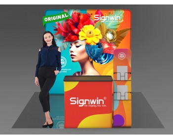 Custom 10x10ft Serpentine Brochure Literature Banner Stand & Podium Brilliant Tension Fabric LED Backlit Trade Show Display Column Booth Kit 26