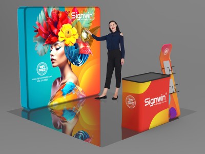 Custom 10x10ft Serpentine Brochure Literature Banner Stand & Podium Brilliant Tension Fabric LED Backlit Trade Show Display Column Booth Kit 26