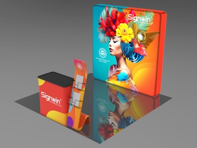 Custom 10x10ft Serpentine Brochure Literature Banner Stand & Podium Brilliant Tension Fabric LED Backlit Trade Show Display Column Booth Kit 26