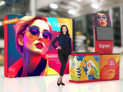 Custom 10x10ft Monitor Display Table Banner Stand & Case to Podium Brilliant Tension Fabric LED Backlit Trade Show Display Column Booth Kit 27