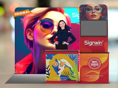 Custom 10x10ft Monitor Display Table Banner Stand & Case to Podium Brilliant Tension Fabric LED Backlit Trade Show Display Column Booth Kit 27