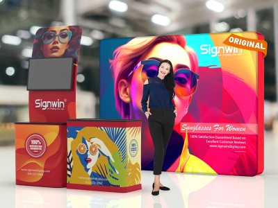 Custom 10x10ft Monitor Display Table Banner Stand & Case to Podium Brilliant Tension Fabric LED Backlit Trade Show Display Column Booth Kit 27