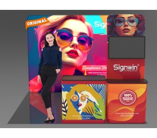 Custom 10x10ft Monitor Display Table Banner Stand & Case to Podium Brilliant Tension Fabric LED Backlit Trade Show Display Column Booth Kit 27