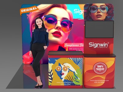 Custom 10x10ft Monitor Display Table Banner Stand & Case to Podium Brilliant Tension Fabric LED Backlit Trade Show Display Column Booth Kit 27