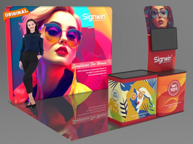 Custom 10x10ft Monitor Display Table Banner Stand & Case to Podium Brilliant Tension Fabric LED Backlit Trade Show Display Column Booth Kit 27