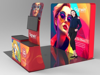 Custom 10x10ft Monitor Display Table Banner Stand & Case to Podium Brilliant Tension Fabric LED Backlit Trade Show Display Column Booth Kit 27