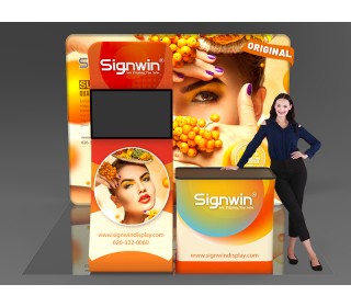 Custom 10x10ft Snakelike Monitor Banner Stand & Podium Brilliant Tension Fabric LED Backlit Trade Show Display Column Booth Kit 28