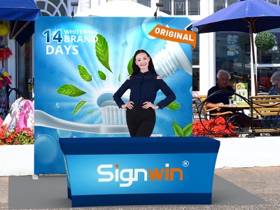 Custom 10x10ft Standard Flat Backdrop & Stretch Fit Open-Back Tablecloth Trade Show Display Booth Kit 33