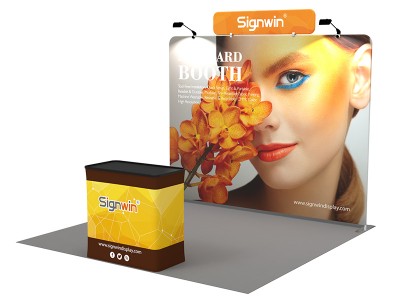 Custom 10x10ft Standard Flat Backdrop with Header & Case to Podium Tension Fabric Trade Show Display Booth Kit 37