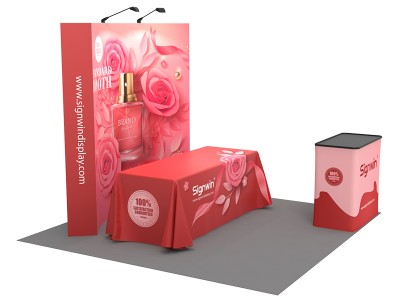 Custom 10x10ft Standard Curved Pop Up Backdrop & Case to Podium & 3-Sided Loose Table Throw Tension Fabric Trade Show Display Booth Kit 39