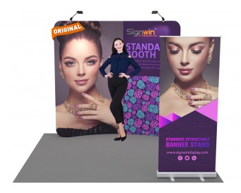 Custom 10x10ft Standard Curved Backdrop & Retractable Banner Stand with Economic Base Tension Fabric Trade Show Display Booth Kit 40