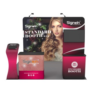 Custom 10x10ft Standard Curved Backdrop & Monitor Table & iPad Stand & Case to Podium Tension Fabric Trade Show Display Booth Kit 42