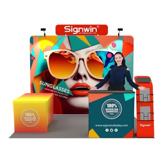 Custom 10x10ft Standard iPad Literature Banner Stand & Fit Back-Zippered Table Cover & Podium Tension Fabric Trade Show Display Booth Kit 43