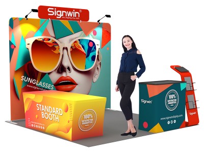 Custom 10x10ft Standard iPad Literature Banner Stand & Fit Back-Zippered Table Cover & Podium Tension Fabric Trade Show Display Booth Kit 43