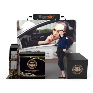 Custom 10x10ft Curved Backdrop & Header & iPad Literature Banner Stand & Back-Zippered Table Cover & Podium Tension Fabric Trade Show Booth Kit 45