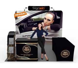Custom 10x10ft Curved Backdrop & Header & iPad Literature Banner Stand & Back-Zippered Table Cover & Podium Tension Fabric Trade Show Booth Kit 45