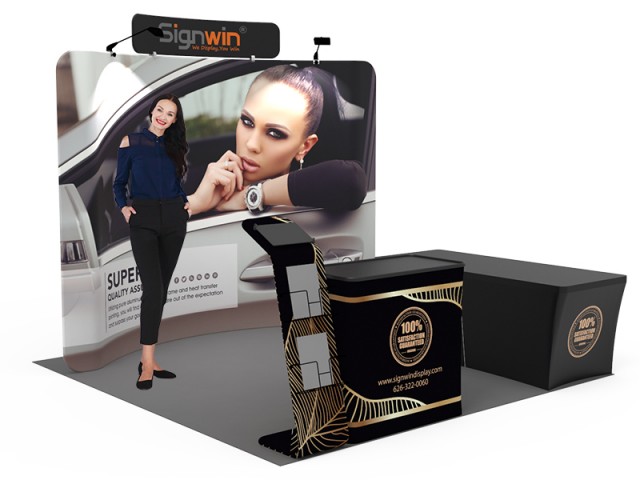 Custom 10x10ft Curved Backdrop & Header & iPad Literature Banner Stand & Back-Zippered Table Cover & Podium Tension Fabric Trade Show Booth Kit 45