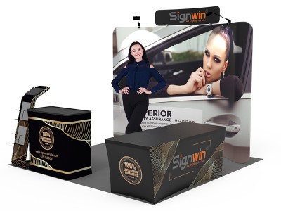Custom 10x10ft Curved Backdrop & Header & iPad Literature Banner Stand & Back-Zippered Table Cover & Podium Tension Fabric Trade Show Booth Kit 45