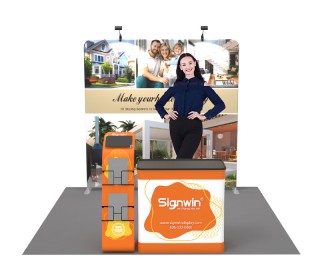 Custom 10x10ft Standard Flat Backdrop & iPad Literature Banner Stand & Case to Podium Tension Fabric Trade Show Display Booth Kit 46