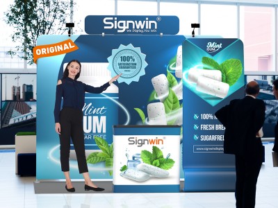 Custom 10x10ft Standard Flat Backdrop with Header & C-Shaped Banner Stand & Case to Podium Tension Fabric Trade Show Display Booth Kit 47