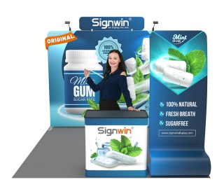 Custom 10x10ft Standard Flat Backdrop with Header & C-Shaped Banner Stand & Case to Podium Tension Fabric Trade Show Display Booth Kit 47