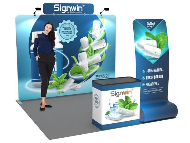 Custom 10x10ft Standard Flat Backdrop with Header & C-Shaped Banner Stand & Case to Podium Tension Fabric Trade Show Display Booth Kit 47