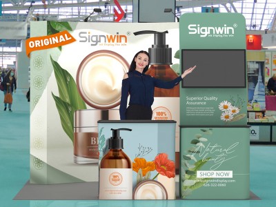 Custom 10x10ft Standard Curved Backwall & Monitor Table Banner Stand & Case to Podium Pop Up Trade Show Display Booth Kit 51