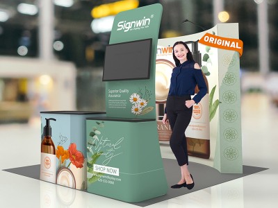 Custom 10x10ft Standard Curved Backwall & Monitor Table Banner Stand & Case to Podium Pop Up Trade Show Display Booth Kit 51