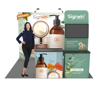 Custom 10x10ft Standard Curved Backwall & Monitor Table Banner Stand & Case to Podium Pop Up Trade Show Display Booth Kit 51