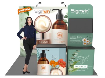 Custom 10x10ft Standard Curved Backwall & Monitor Table Banner Stand & Case to Podium Pop Up Trade Show Display Booth Kit 51