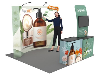 Custom 10x10ft Standard Curved Backwall & Monitor Table Banner Stand & Case to Podium Pop Up Trade Show Display Booth Kit 51