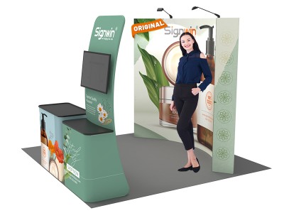Custom 10x10ft Standard Curved Backwall & Monitor Table Banner Stand & Case to Podium Pop Up Trade Show Display Booth Kit 51