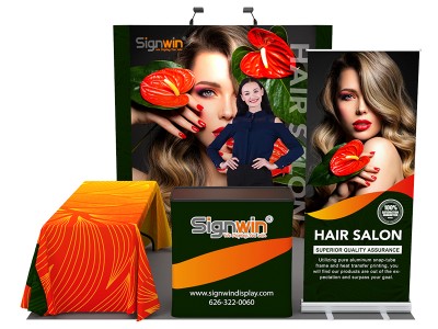 Custom 10x10ft Standard Curved Backwall & Roll Up Banner Stand & 3-Sided Loose Table Throw & Podium Pop Up Trade Show Display Booth Kit 52