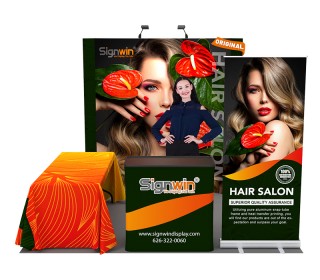 Custom 10x10ft Standard Curved Backwall & Roll Up Banner Stand & 3-Sided Loose Table Throw & Podium Pop Up Trade Show Display Booth Kit 52