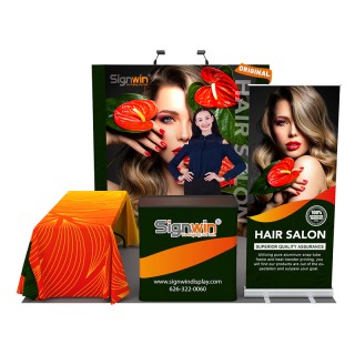 Custom 10x10ft Standard Curved Backwall & Roll Up Banner Stand & 3-Sided Loose Table Throw & Podium Pop Up Trade Show Display Booth Kit 52