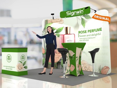 Custom 10x10ft Curved Backdrop with Header & Cocktail Table with Cover & Podium Tension Fabric Trade Show Display Booth Kit 54