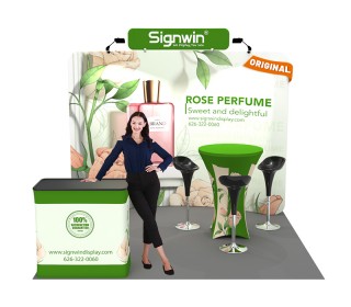 Custom 10x10ft Curved Backdrop with Header & Cocktail Table with Cover & Podium Tension Fabric Trade Show Display Booth Kit 54