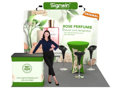 Custom 10x10ft Curved Backdrop with Header & Cocktail Table with Cover & Podium Tension Fabric Trade Show Display Booth Kit 54