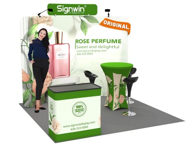 Custom 10x10ft Curved Backdrop with Header & Cocktail Table with Cover & Podium Tension Fabric Trade Show Display Booth Kit 54