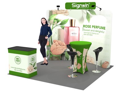 Custom 10x10ft Curved Backdrop with Header & Cocktail Table with Cover & Podium Tension Fabric Trade Show Display Booth Kit 54