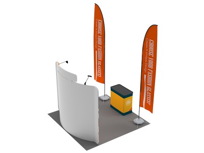 Custom 10x10ft Standard Curved Backdrop with Header & Straight Feather Flag & Case to Podium Tension Fabric Trade Show Display Booth Kit 55