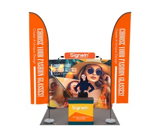 Custom 10x10ft Standard Curved Backdrop with Header & Straight Feather Flag & Case to Podium Tension Fabric Trade Show Display Booth Kit 55
