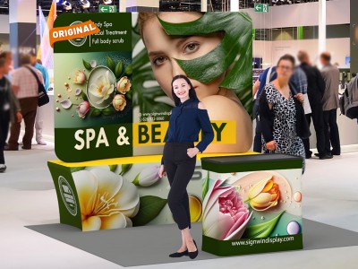 Custom 10x10ft Curved Tabletop Backdrop & Stretch Fit Back-Zippered Table Cover & Podium Tension Fabric Trade Show Display Booth Kit 56